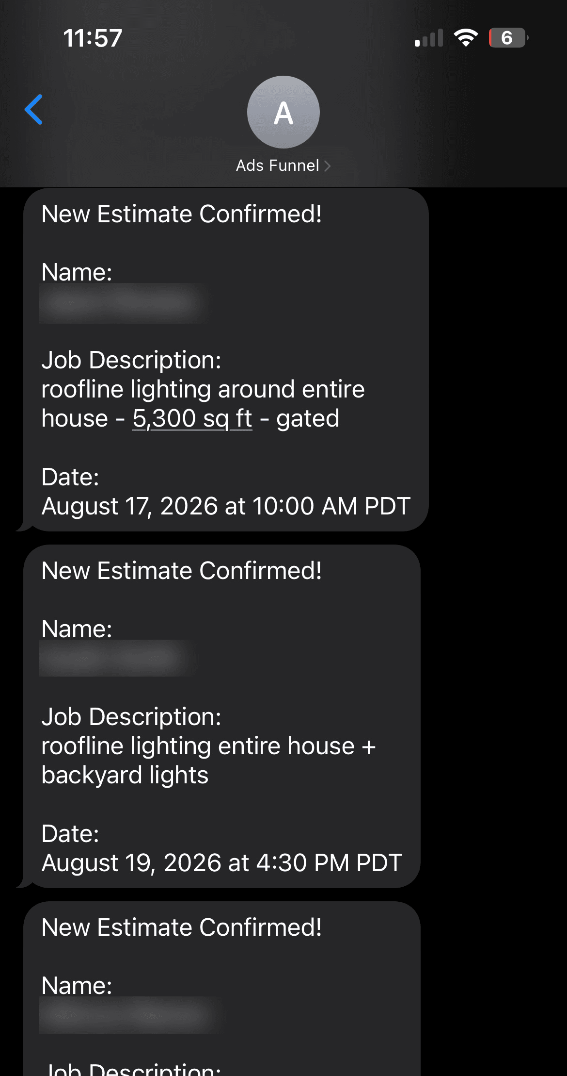 Text thread of confirmed estimate notifications